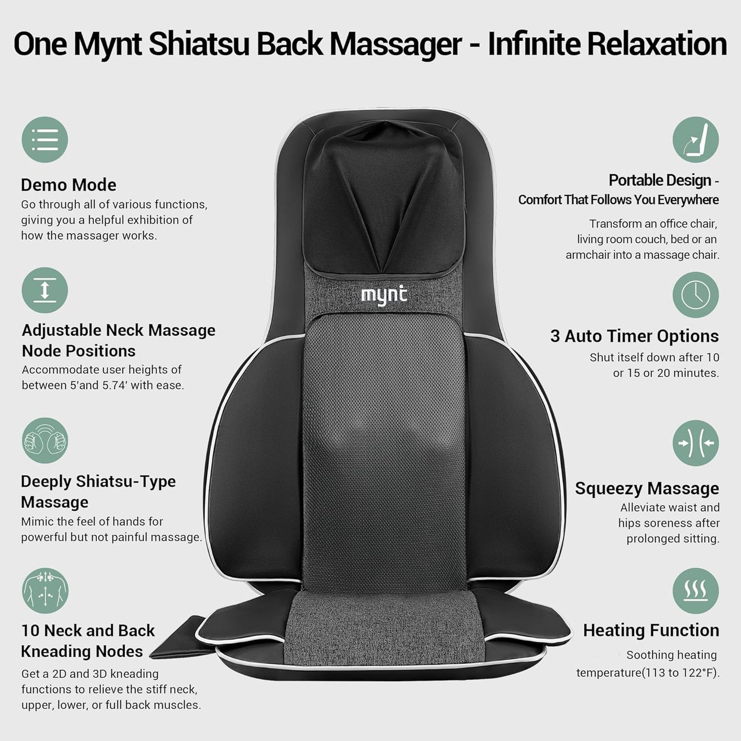 Mynt FSA Eligible HSA Approved Shiatsu Neck and Back Massager for Chair with 10 Deep Kneading Nodes, 2D & 3D Back Massage with Heat, Portable Spot Massage Chair Pad (Black)