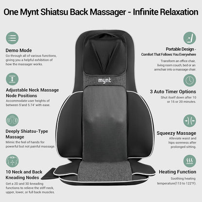 Mynt FSA Eligible HSA Approved Shiatsu Neck and Back Massager for Chair with 10 Deep Kneading Nodes, 2D & 3D Back Massage with Heat, Portable Spot Massage Chair Pad (Black)