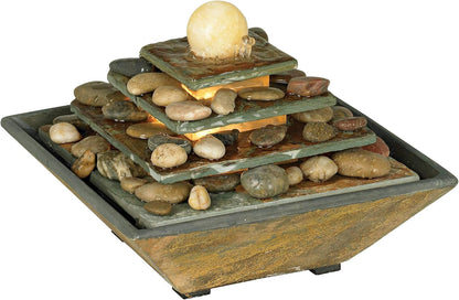 Pyramid 10" High Small Zen Modern Indoor Decor Slate Stone Tabletop Fountain with Light Waterfall Feng Shui Ball Rock Water Feature for Desk Relaxation Bedroom Living Room Countertop - John Timberland