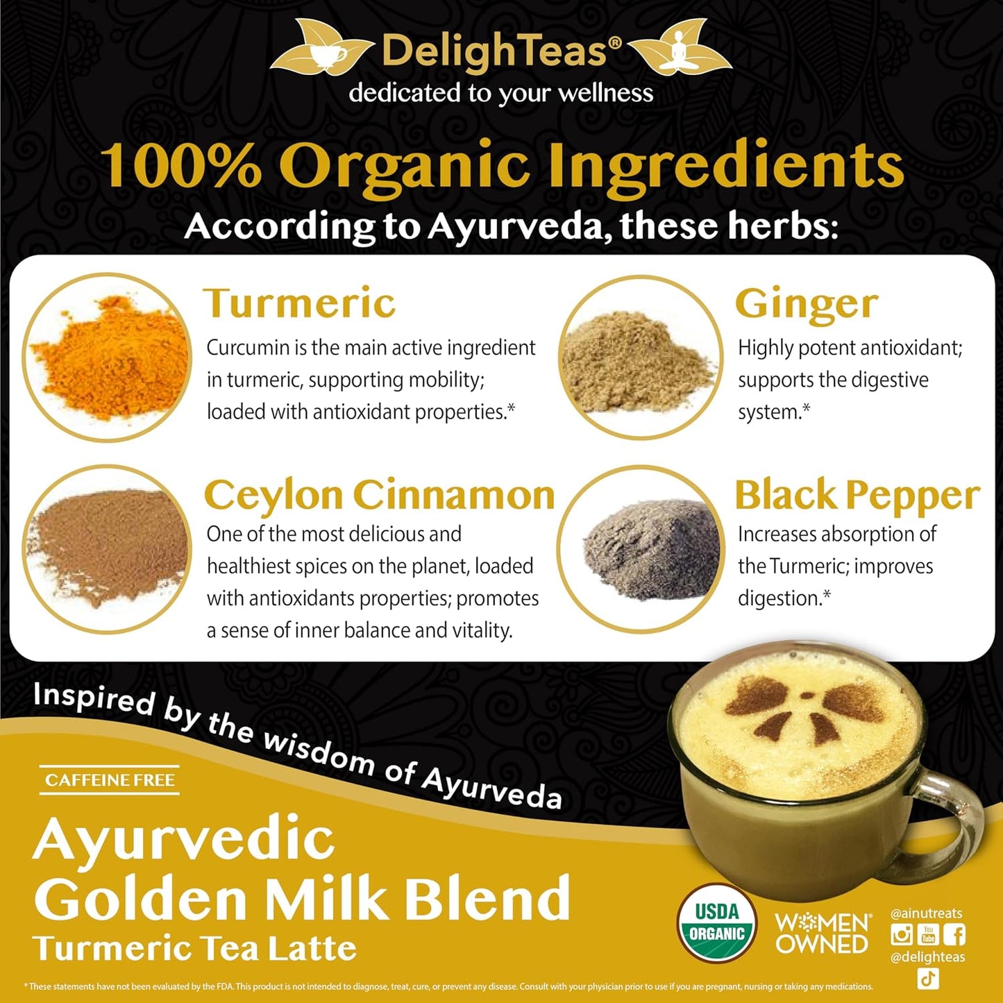 DelighTeas Organic Masala Chai Powder | Caffeine free, Unsweetened, Vegan, Keto | Ayurvedic Digestive Support blend for Chai Spice Tea | 100 Servings, 4oz