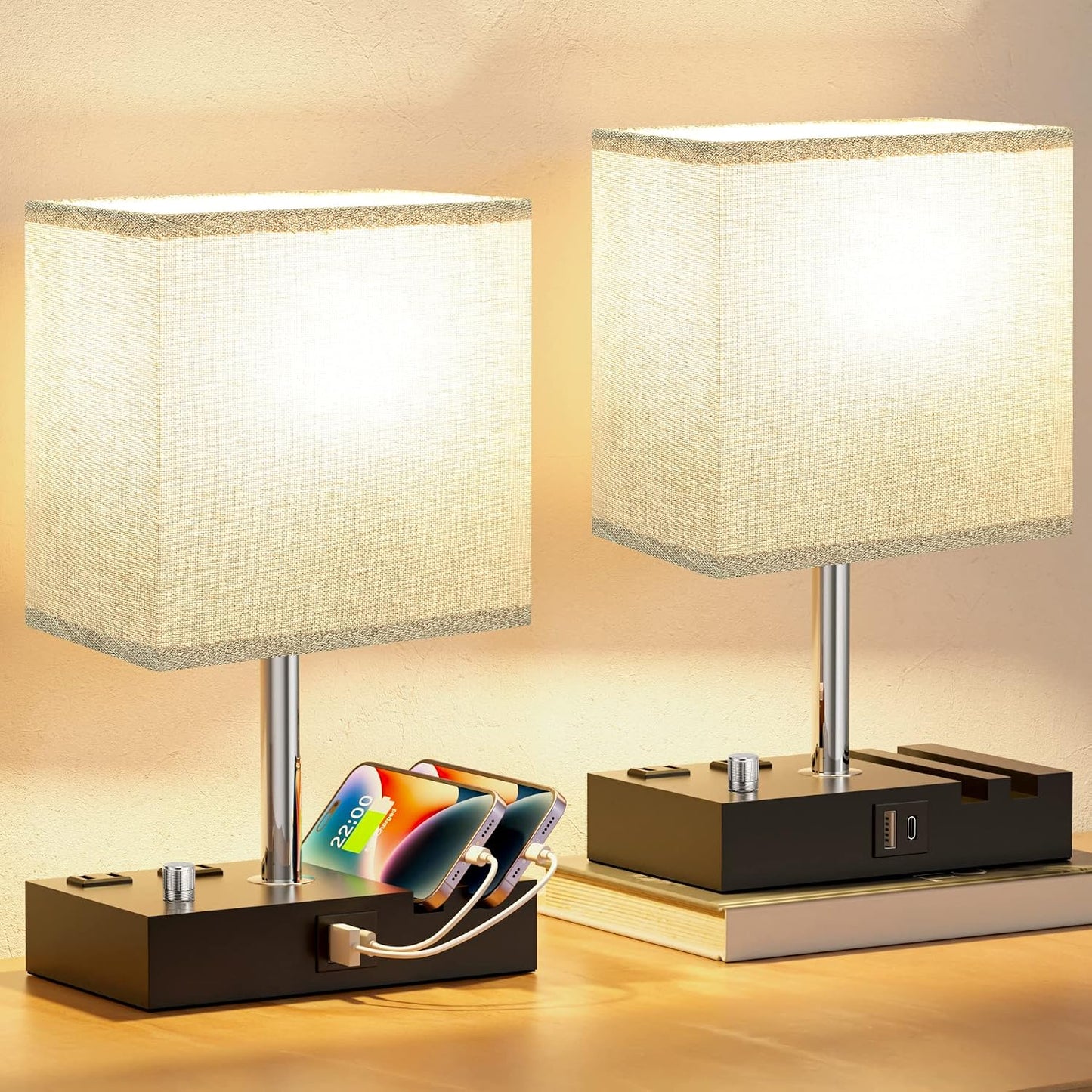 Kakanuo Fully Dimmable Nightstand Lamp for Bedroom with USB C Ports, Grey Small Bedside Table Lamp with Charging Outlets and Phone Stands, Wooden Desk Lamp for Living Room, LED Bulb Included