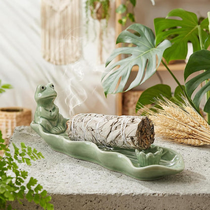 Frog Incense Holder for Sticks, Handmade Ceramic Holder for Burning Sage Sticks, Palo Santo, Cone and Backflow, Incense Burner for Meditation Room Home Decor, Frog Spiritual Gifts for Women