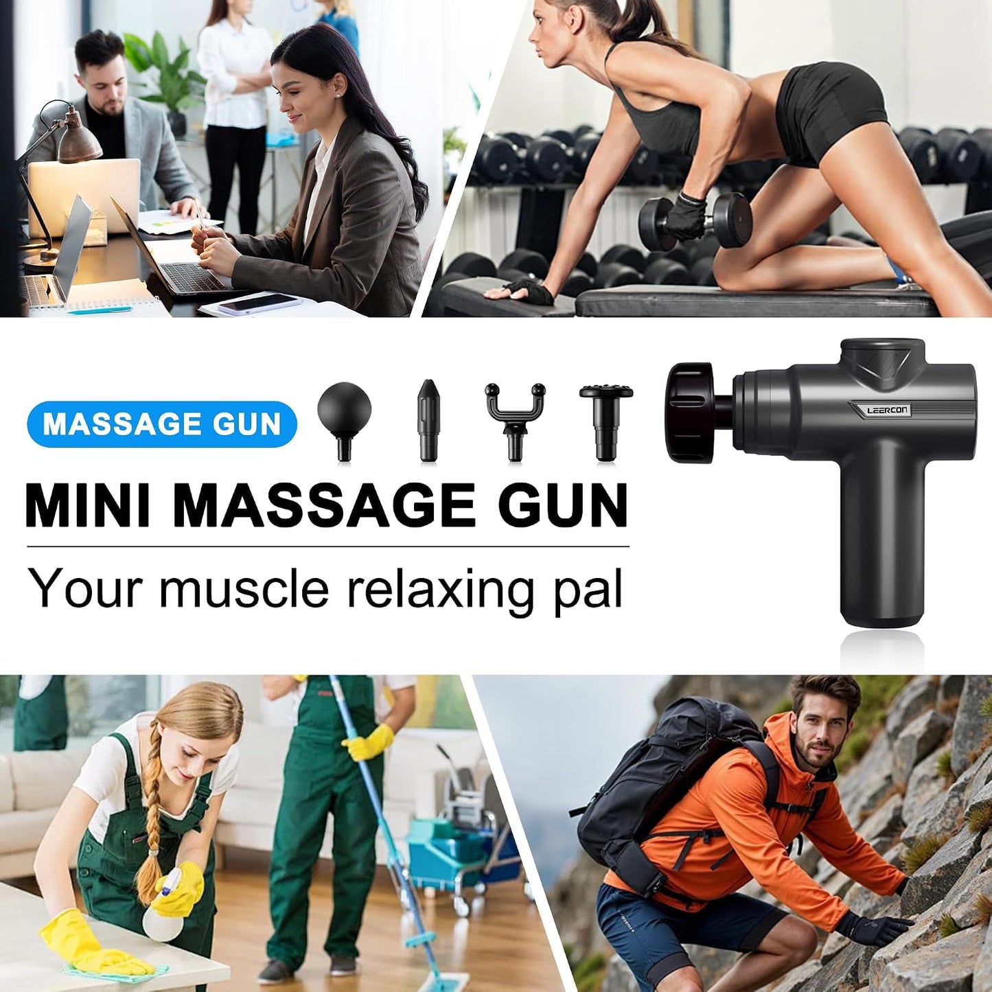 LEERCON Mini Massage Gun, Deep Tissue Relief, 6 Speeds, 4 Heads, Portable for Travel, Office & Home, Gift for Men & Women (Gray)
