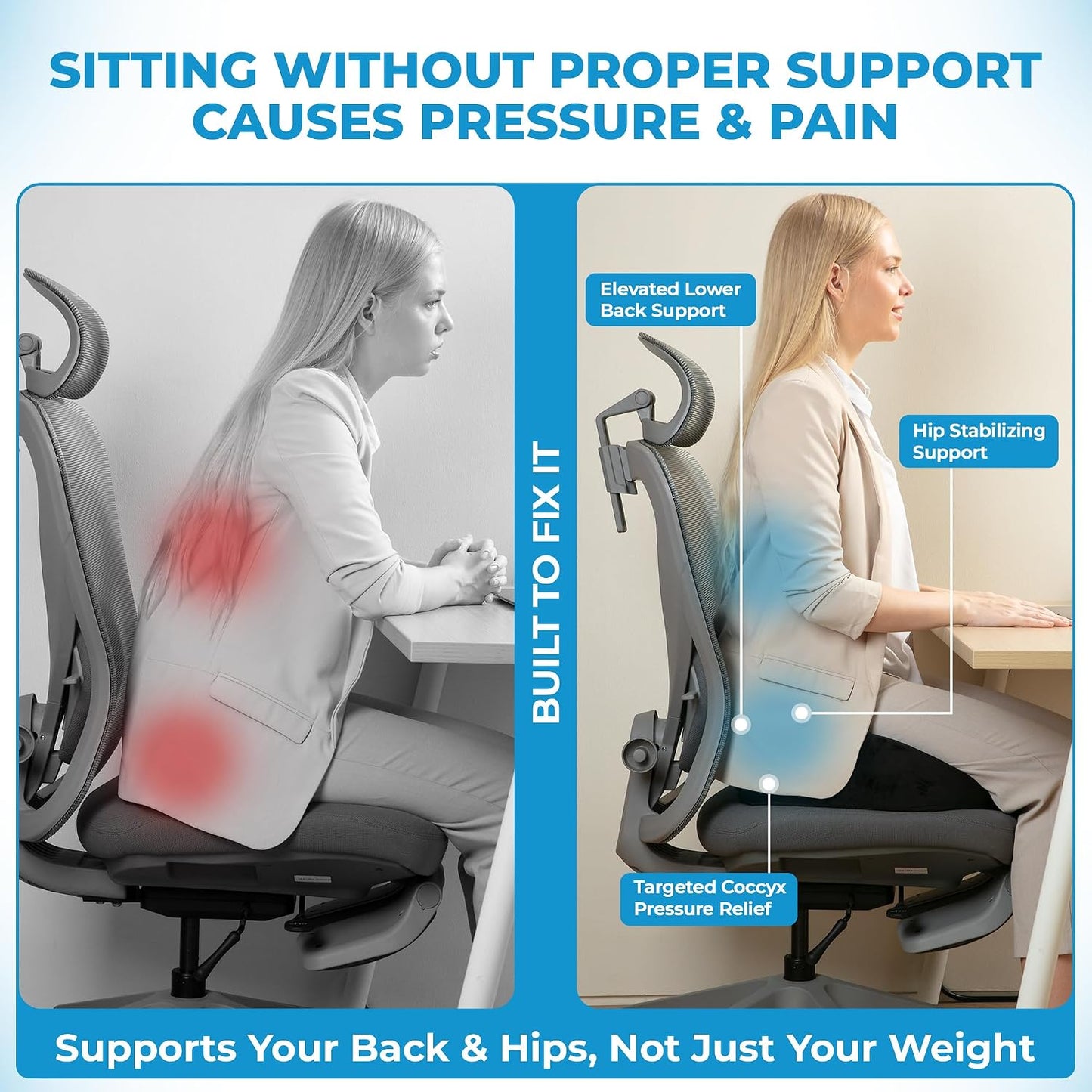 Seat Cushion, for Office Chairs, Coccyx & Tailbone Pain Relief, Ergonomic Design, Memory Foam, Non-Slip Washable Cover, for Office, Car, Wheelchair, Gaming