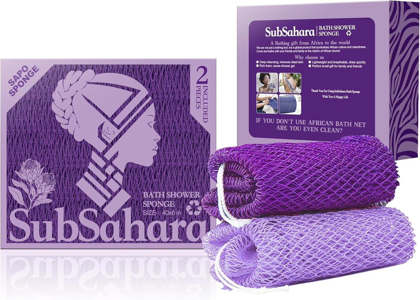 SubSahara Authentic African Net Sponge - 2 Pack Exfoliating Bath & Shower Loofah Sponge for Body & Face, Gentle Scrubber for All Skin Types, Travel, Durable Polyester (Olive Green & Light Green)