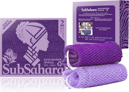 SubSahara Authentic African Net Sponge - 2 Pack Exfoliating Bath & Shower Loofah Sponge for Body & Face, Gentle Scrubber for All Skin Types, Travel, Durable Polyester (Olive Green & Light Green)