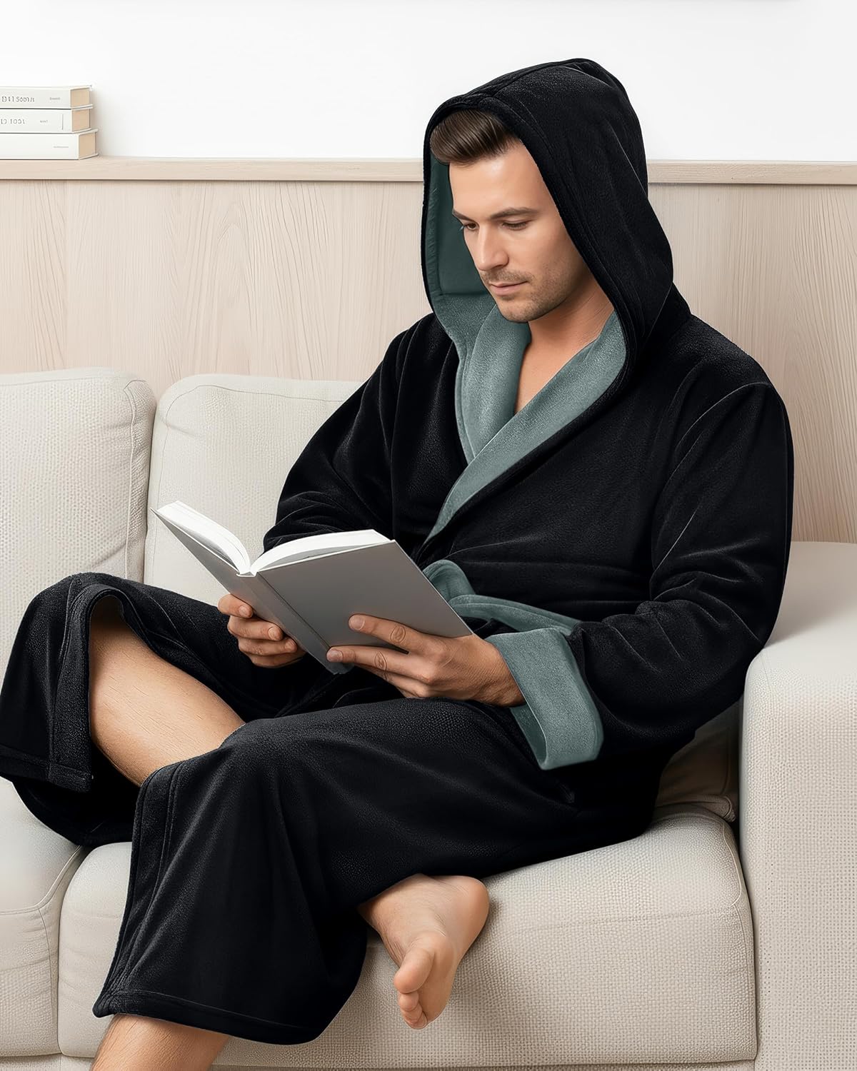 NY Threads Mens Robe with Hood, Luxury Plush Fleece Hooded Mens Bathrobe, Spa Bath Robe for Men