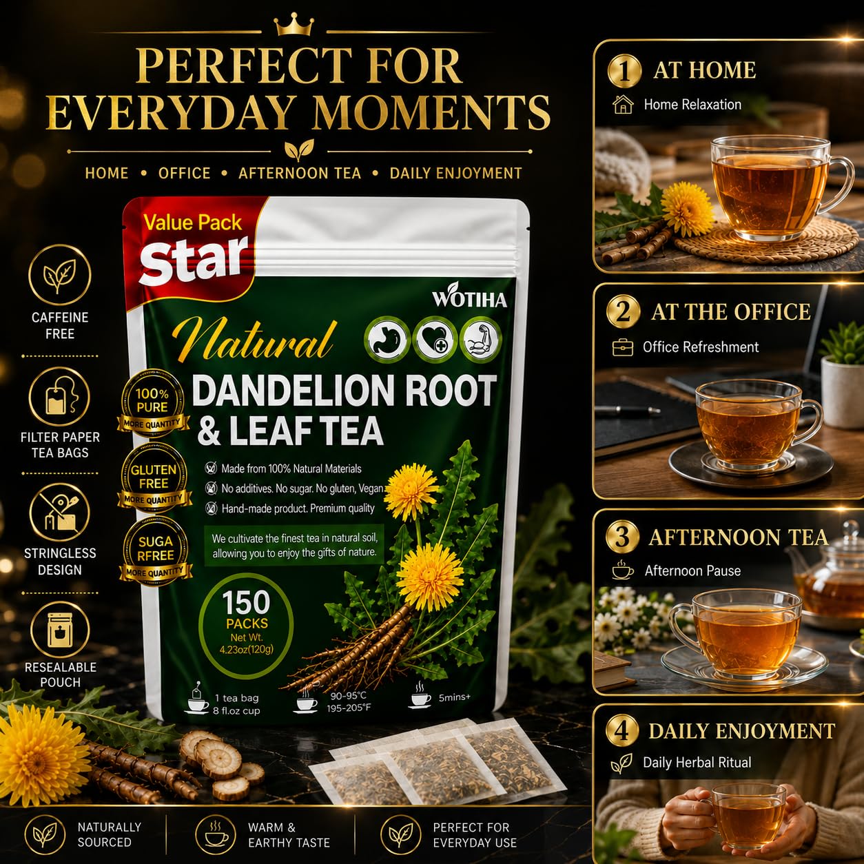 WOTIHA 60 Count Premium Dandelion Root Tea Bags - 100% Natural Roasted, Supports Liver & Kidney Health, Digestion & Immunity, Caffeine-Free, Additive-Free, Gluten-Free, Vegan.