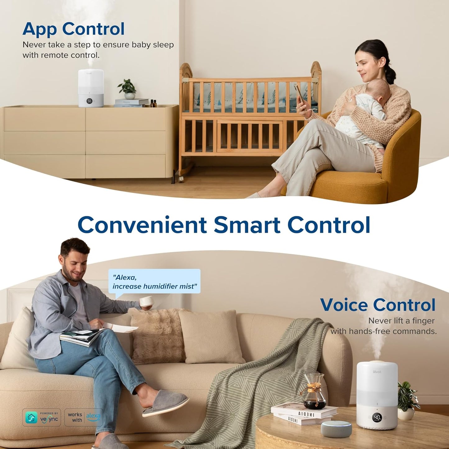 LEVOIT Humidifiers for Bedroom, Quiet, 3L Cool Mist, Essential Oil Diffuser | Top Fill/25Watt - Home/Large Room - 360° Nozzle - Rapid Ultrasonic Humidification for Baby Nursery/Plant