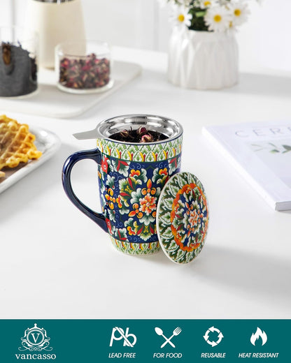 vancasso Ceramic Tea Mug with Infuser and Lid, 18 Ounce Bohemian Loose Leaf Cup, Microwave & Dishwasher Safe, Perfect for Tea, Coffee, Burnt-Cobalt Mandala