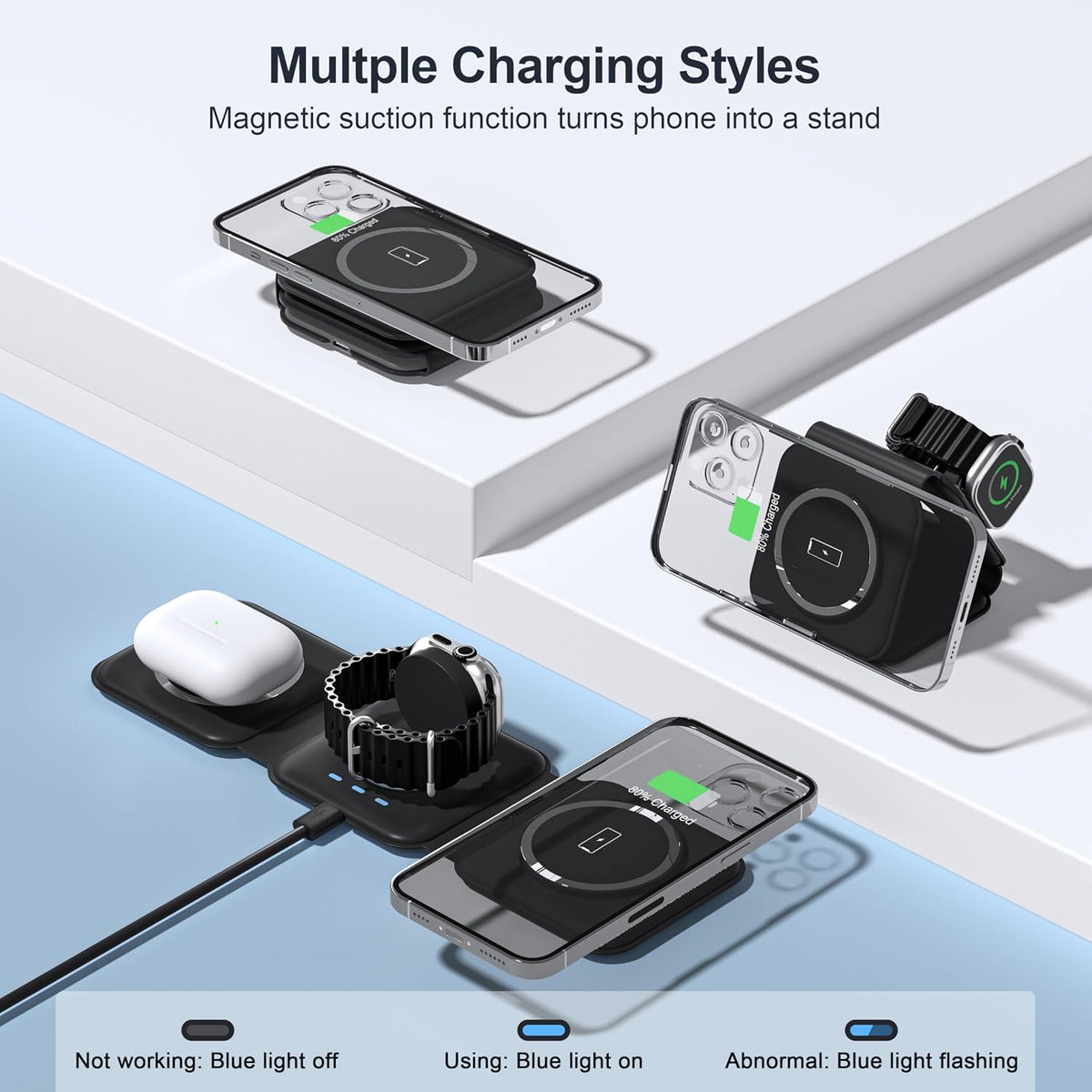 3 in 1 Charging Station for Multple Devices,Foldable 3 in 1 Wireless Charger for Travel,NANO Wireless Charging Station for iPhone17 16 15 14 13 12 Pro Max/Watch 10 9 8 7 6 5 4 3 Ultra/AirPod Pro