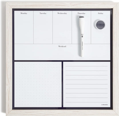 U Brands Rustic Weekly Dry Erase Board with White Wooden Frame, Office Supplies, 14” x 14”