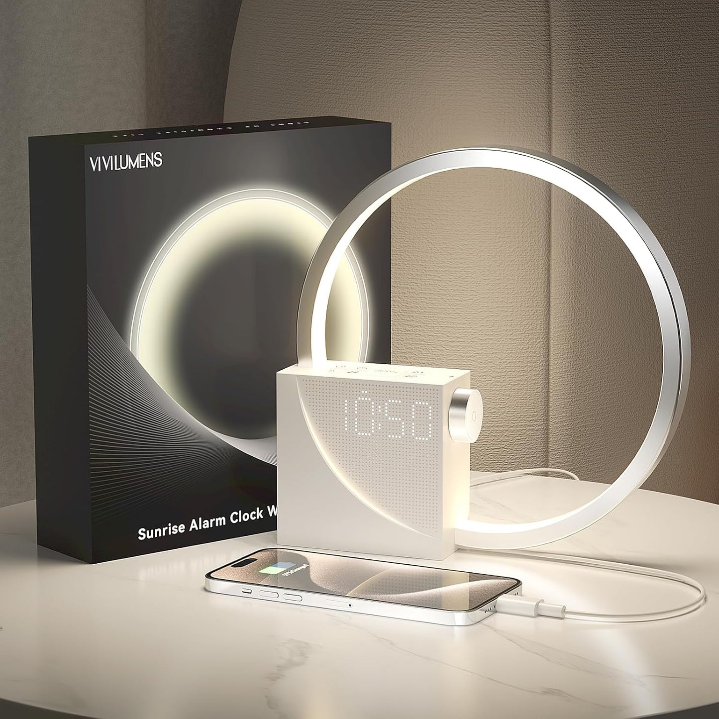 Vivilumens Sunrise Alarm Clock Sound Machine Nightlight, Gradual Wake Up Light, Digital Dimmable Clock, 10 White Noise Sleep Sounds, Snooze, Dual Clocks for Heavy Sleeper Adult, Decor Gifts for Women