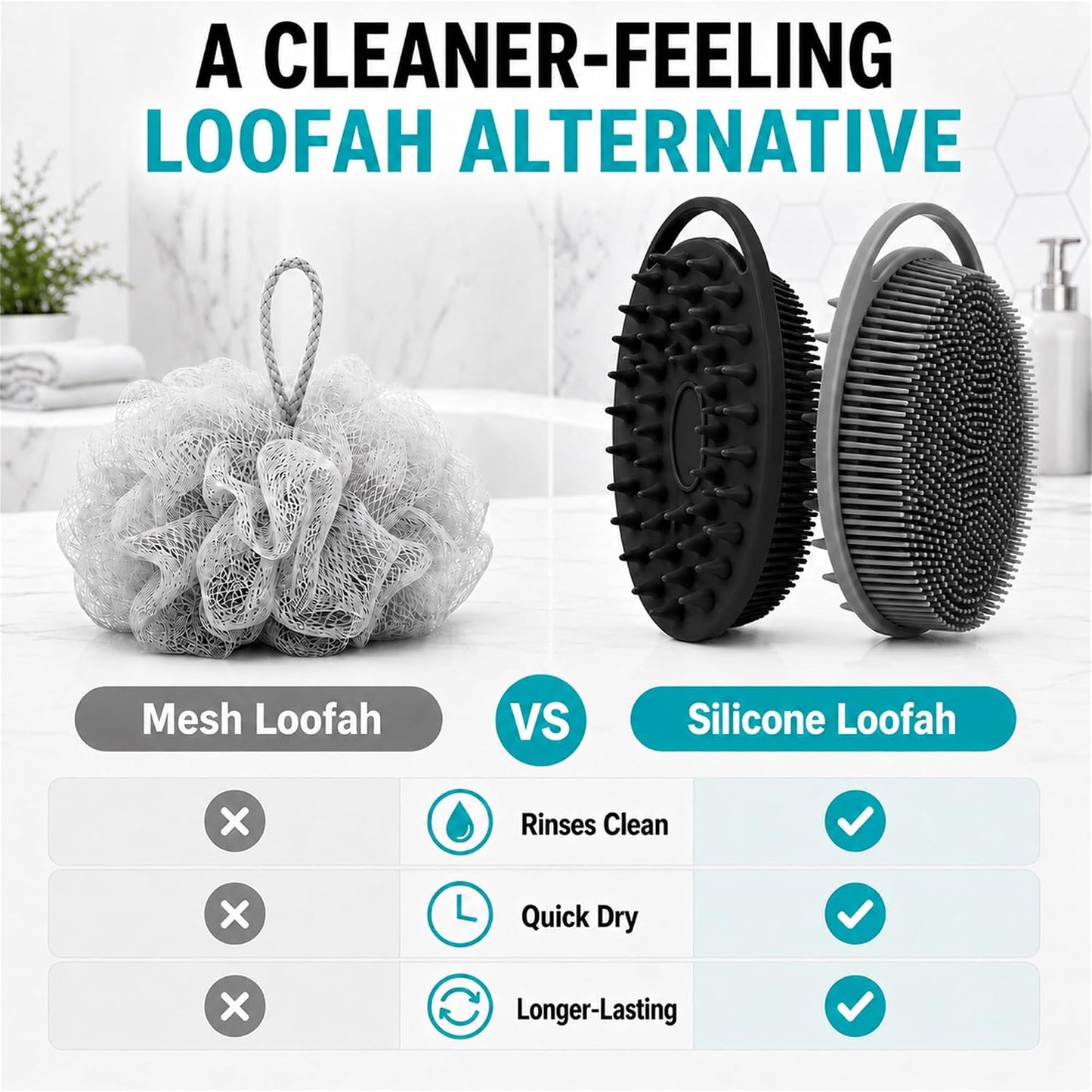 2 Pack Silicone Body Scrubber, Loofah Double-Sided Body Brush,Shower Scrubber and Scalp Massager Shampoo Brush for Sensitive Kids Women Men All Kinds of Skin (Black & Pink)