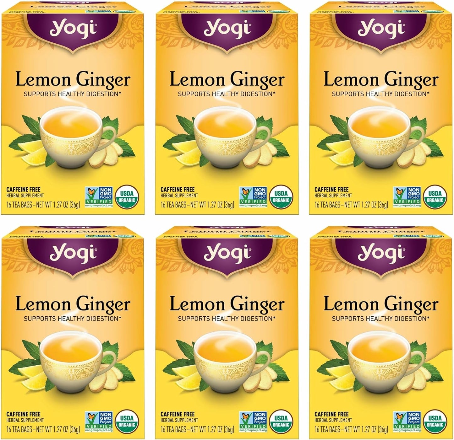 Yogi Tea Lemon Ginger Tea - 16 Bags per Pack (6 Packs) - Organic Ginger Root Tea to Support Healthy Digestion - Includes Lemongrass, Lemon Flavor, Licorice Root, Lemon Peel & More