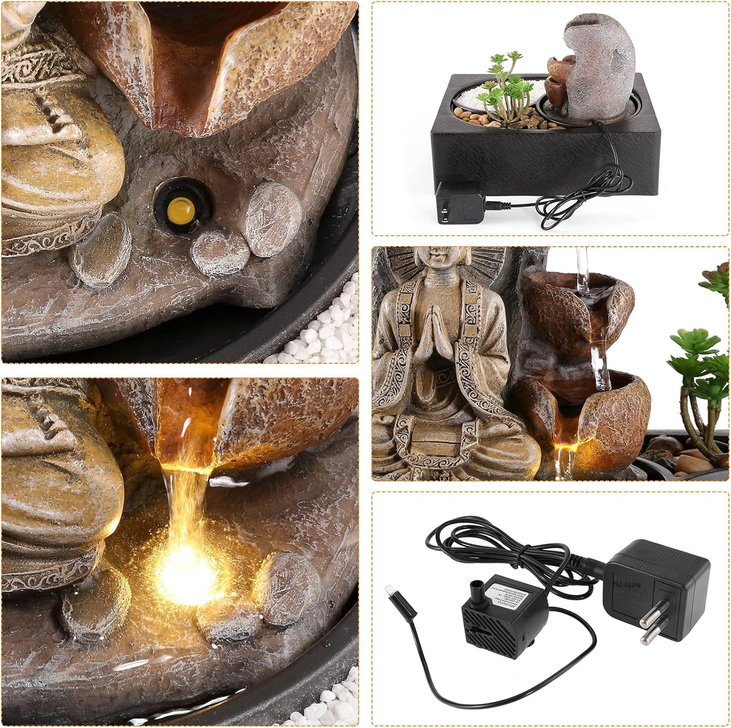 WICHEMI Tabletop Water Fountain Buddha Fountain Indoor with LED Light