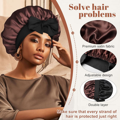Satin Bonnet for Sleeping Cap Double Layer Hair Bonnet with Elastic Tie Band for Curly Hair Night Cap (Bean Paste + Pink)