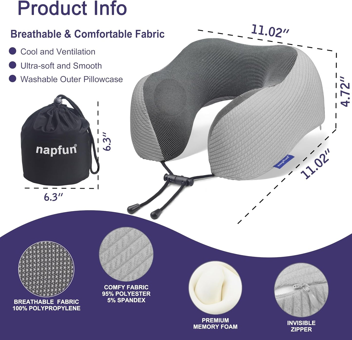 napfun Neck Pillow for Traveling, Upgraded Travel Neck Pillow for Airplane 100% Pure Memory Foam Travel Pillow for Flight Headrest Sleep, Portable Plane Accessories, Light Grey