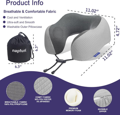 napfun Neck Pillow for Traveling, Upgraded Travel Neck Pillow for Airplane 100% Pure Memory Foam Travel Pillow for Flight Headrest Sleep, Portable Plane Accessories, Light Grey