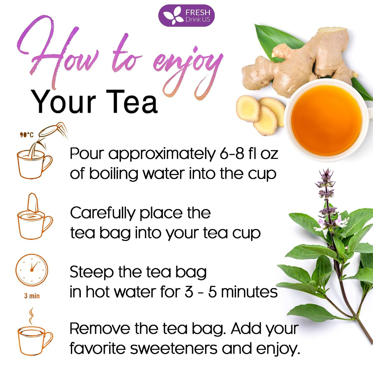 FreshDrinkUS, Premium 75 Ginger Tulsi Tea Bags, 100% Natural, Hand-made Blend of Ginger and Tulsi Holy Basil Leaves, Eco-conscious Tea Bags. Herbal Tea. No Sugar, No Caffeine, Vegan.