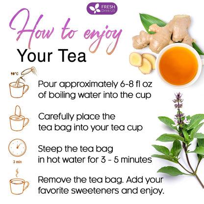FreshDrinkUS, Premium 75 Ginger Tulsi Tea Bags, 100% Natural, Hand-made Blend of Ginger and Tulsi Holy Basil Leaves, Eco-conscious Tea Bags. Herbal Tea. No Sugar, No Caffeine, Vegan.
