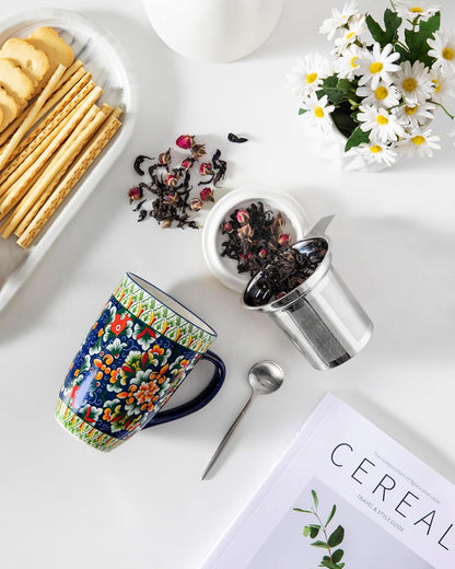 vancasso Ceramic Tea Mug with Infuser and Lid, 18 Ounce Bohemian Loose Leaf Cup, Microwave & Dishwasher Safe, Perfect for Tea, Coffee, Burnt-Cobalt Mandala