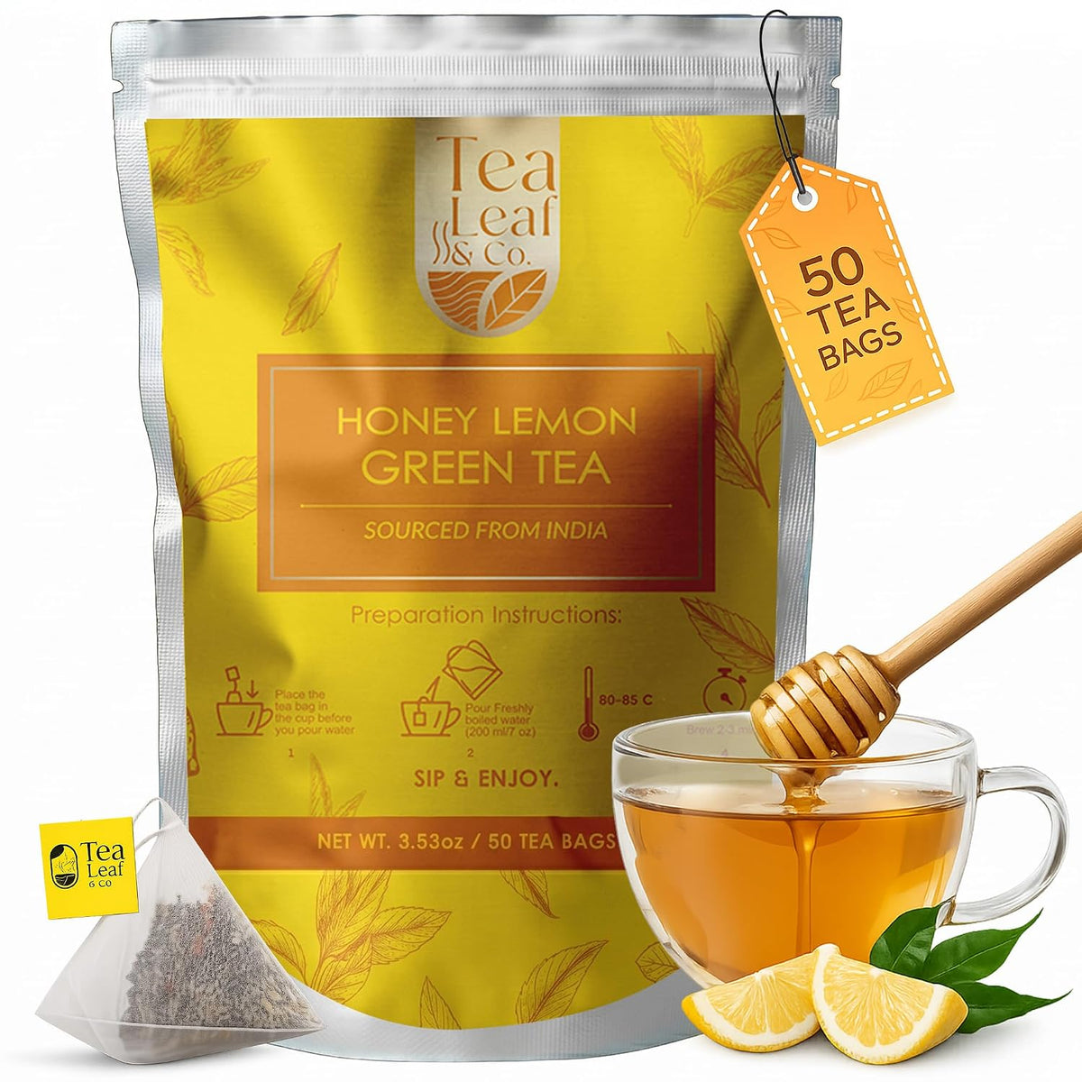 Chamomile Honey Lemon Green Tea 3.5oz, Natural Herbal Infusion, 50 Tea Bags