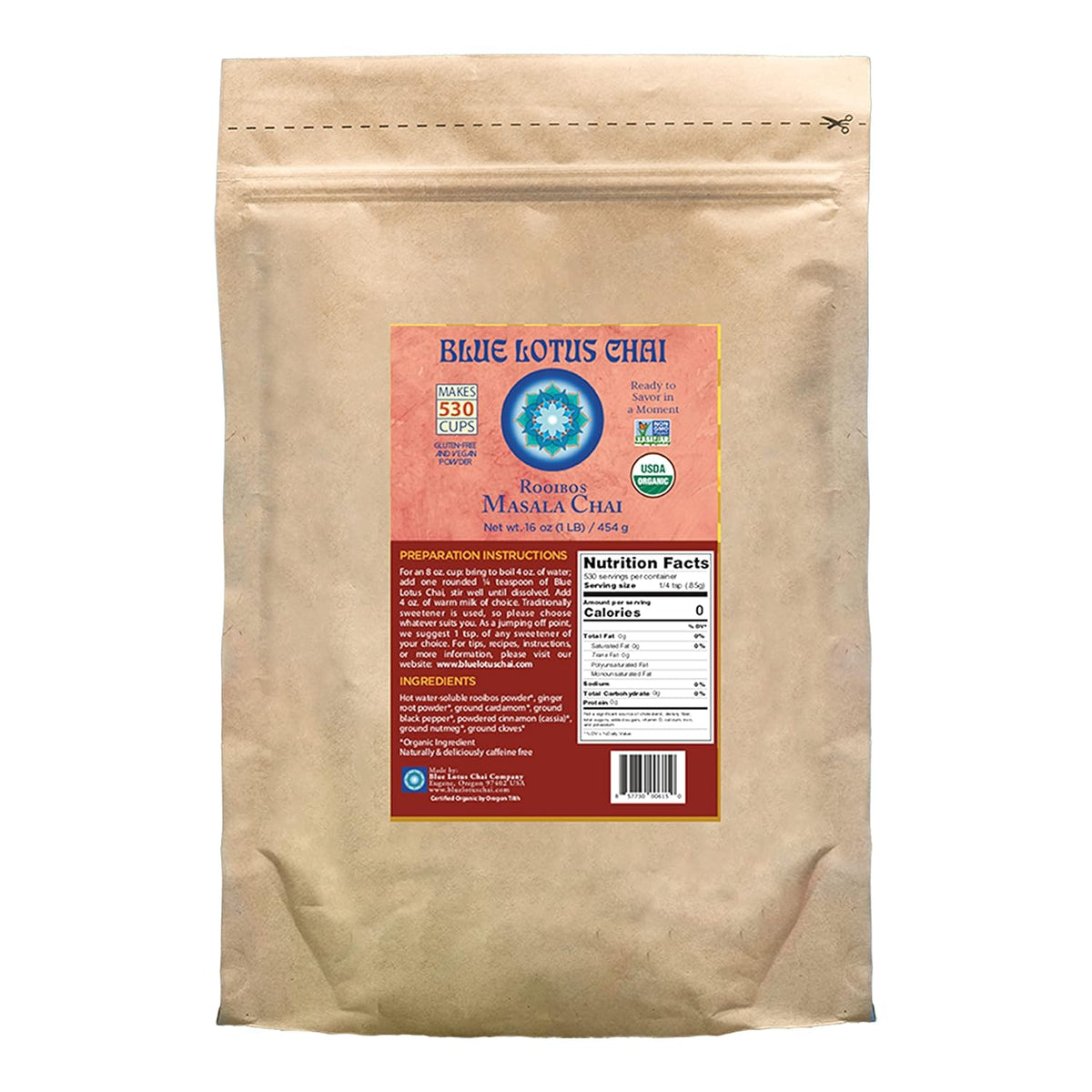 Blue Lotus Chai - Rooibos Flavor Masala Chai - Makes 65 Cups - 2 Ounce Masala Spiced Chai Powder with Organic Spices - Instant Indian Tea No Steeping - No Gluten