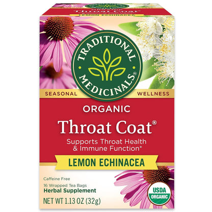 Traditional Medicinals, Organic Throat Coat Lemon Echinacea - Supports Throat Health - Kosher, Non-GMO, Caffeine-Free, Compostable, 16 ct