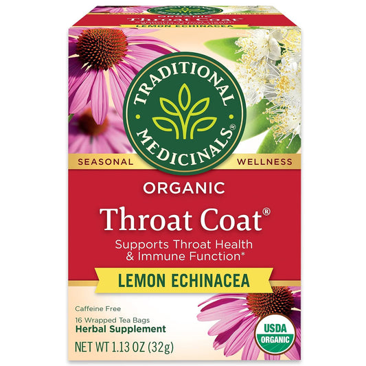 Traditional Medicinals, Organic Throat Coat Lemon Echinacea - Supports Throat Health - Kosher, Non-GMO, Caffeine-Free, Compostable, 16 ct