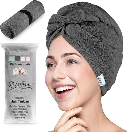 Lili&James 100% Cotton Hair Towel Wrap for Women & Kids – 420 GSM Quick Dry Hair Turban with Double Button Loop, Anti Frizz Non Microfiber Hair Drying Towel for Curly, Long & Thick Hair (Lilac)