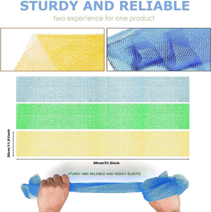 UJFQBH 3 Pieces African Bath Sponge African Net Long Net Bath Sponge Exfoliating Shower Body Scrubber Back Scrubber Skin Smoother,Great for Daily Use (Pink,Yellow,Purple)