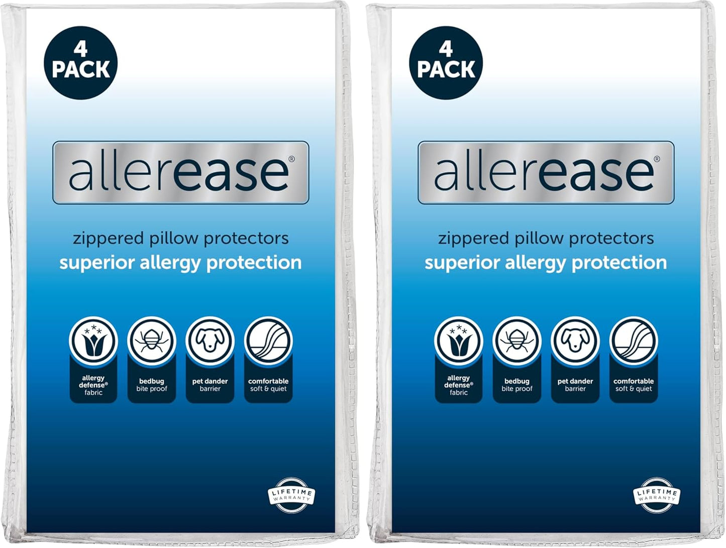 Set of 4 Standard/Queen AllerEase Pillow Protectors - Moisture Wicking, Advanced Allergy Protection - Premium Polyester, Zippered Protectors