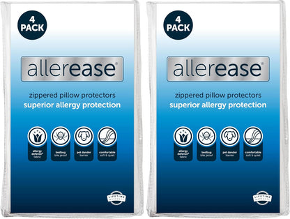 Set of 4 Standard/Queen AllerEase Pillow Protectors - Moisture Wicking, Advanced Allergy Protection - Premium Polyester, Zippered Protectors