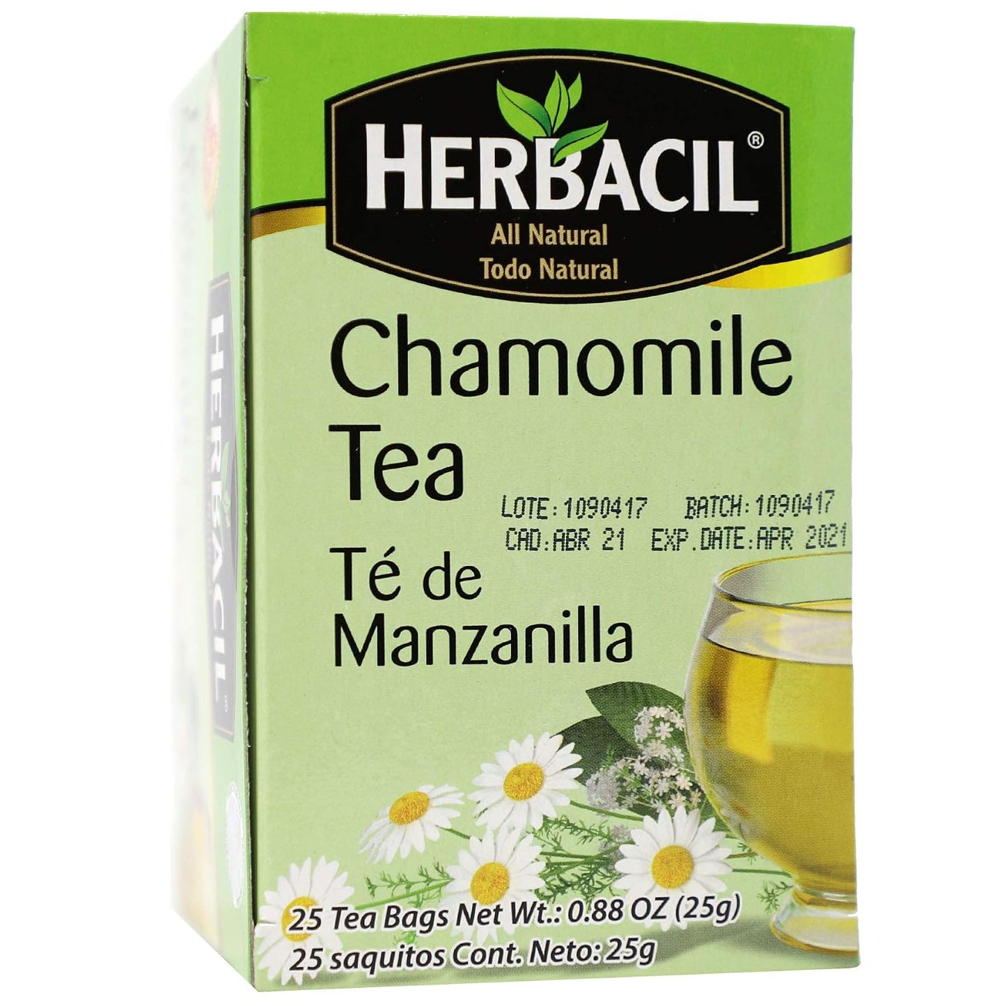 Herbacil Chamomile Tea, Herbal Blend Made with Chamomile Flowers, Caffeine-Free, All Natural, 3-pack of 25 bags per box (75 Tea Bags), 0.88 oz Each