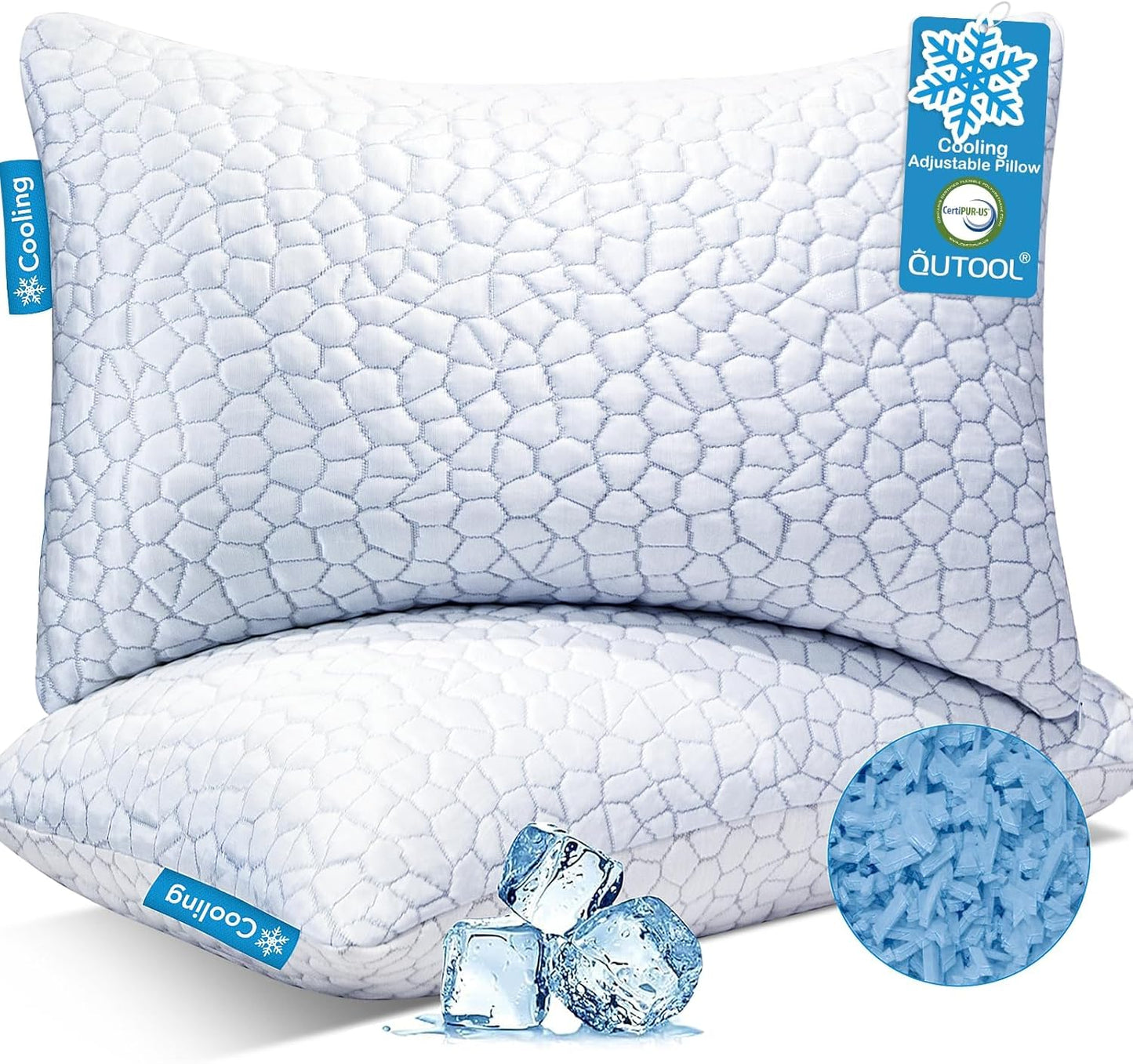 QUTOOL Cooling Pillow for Sleeping, CertiPUR-US Shredded Memory Foam Queen Pillows Set of 2, Cool Pillow for Hot Sleepers Adjustable Firm Pillow for Side, Back, Stomach Sleepers Soft Yet Support,White