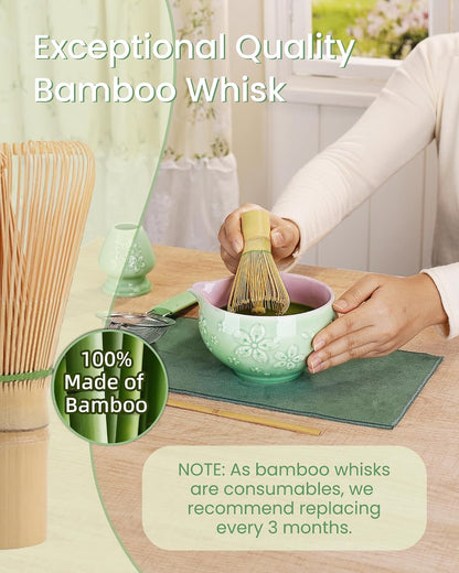 ZENS Matcha Whisk Set, Matcha Kit Set, Matcha Bowl with Spout, Bamboo Whisk & Scoop, Chasen Holder, 304 Sifter & Tea Mat, 6pcs Japaness Matcha Kit for Matcha Lovers, Birthday Gift, Pale Green