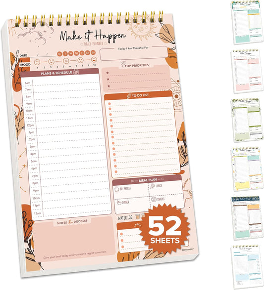 Decorably 52 Sheets Colorful Pastel Undated Daily Planner Pad - 6.5x10in Spring-Bound to Do List Notepad for Schedule, Priorities, Agenda, Water Intake, Meals, Notes and Doodles, Easy Tear-Off Design