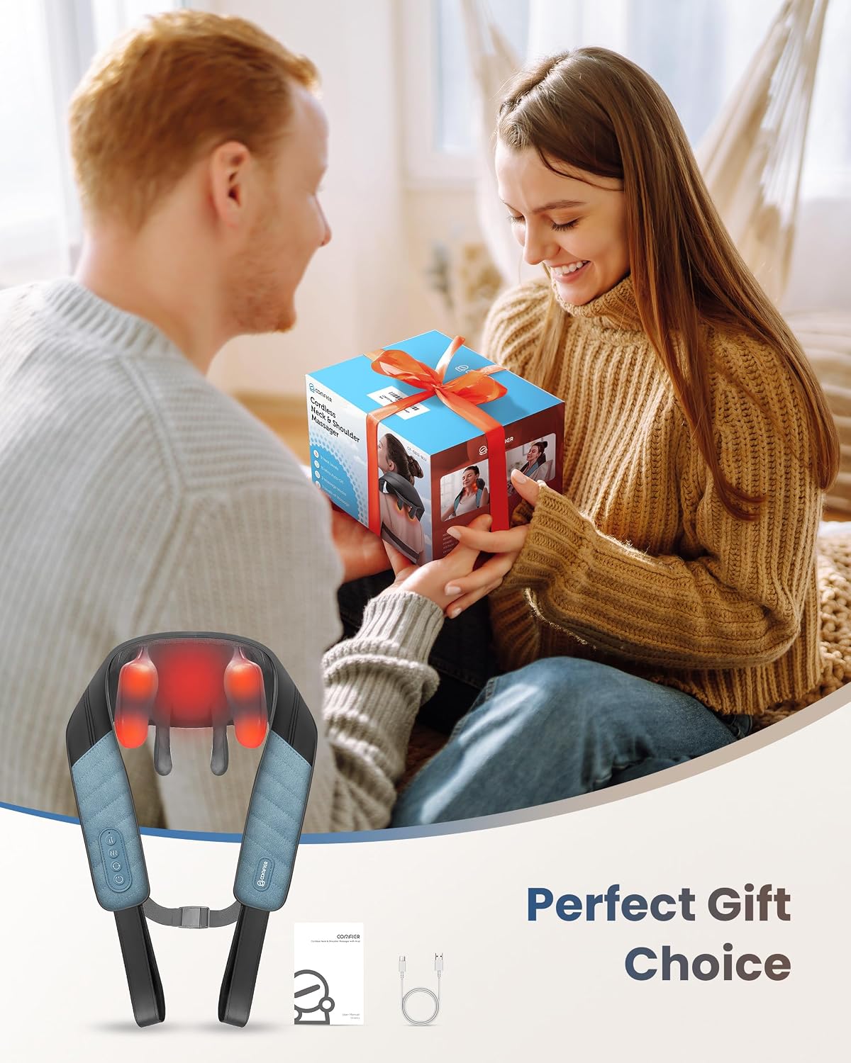 COMFIER Cordless Neck and Shoulder Massager with Heat, Wearable 4D Shiatsu Deep Tissue Kneading for Desk Workers and Drivers, Hands-Free Straps, FSA Eligible HSA Gift