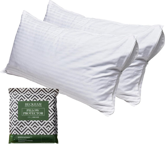 Beckham Hotel Collection Queen Size White Pillow Protector with Zipper Set of 2, Soft and Breathable Cotton Pillow Protector Covers