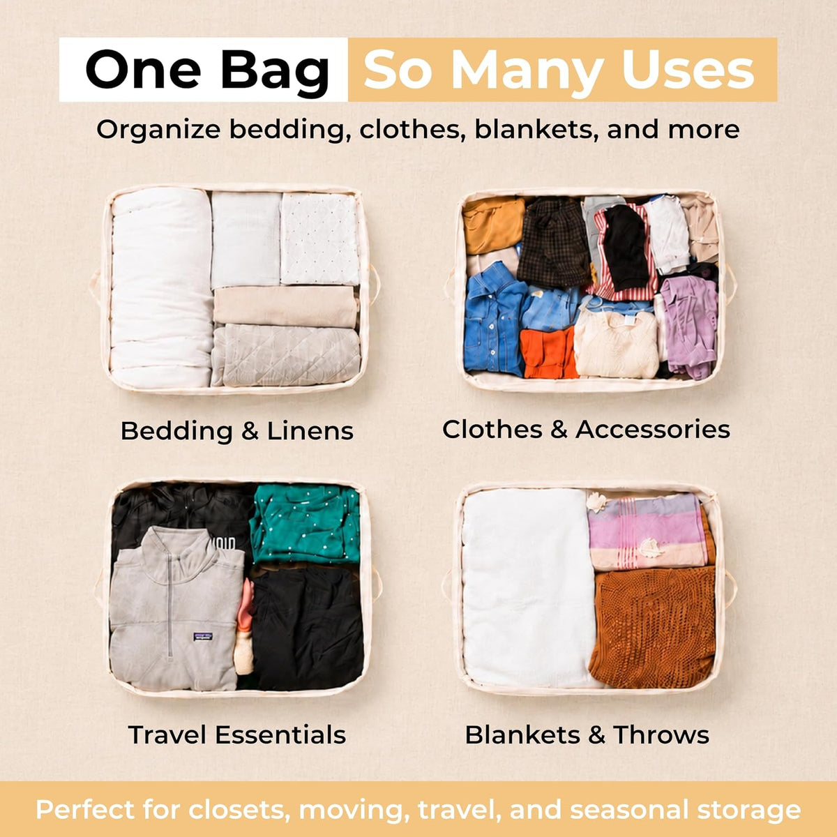 Soft Canvas Storage Bags with Zipper. Thick Breathable, 2pc King/Queen Comforter Organizer. Four Carrying Handles and Window. Large 25x19x9in Bag for Sheets Blankets Bedding Pillows, Clothes