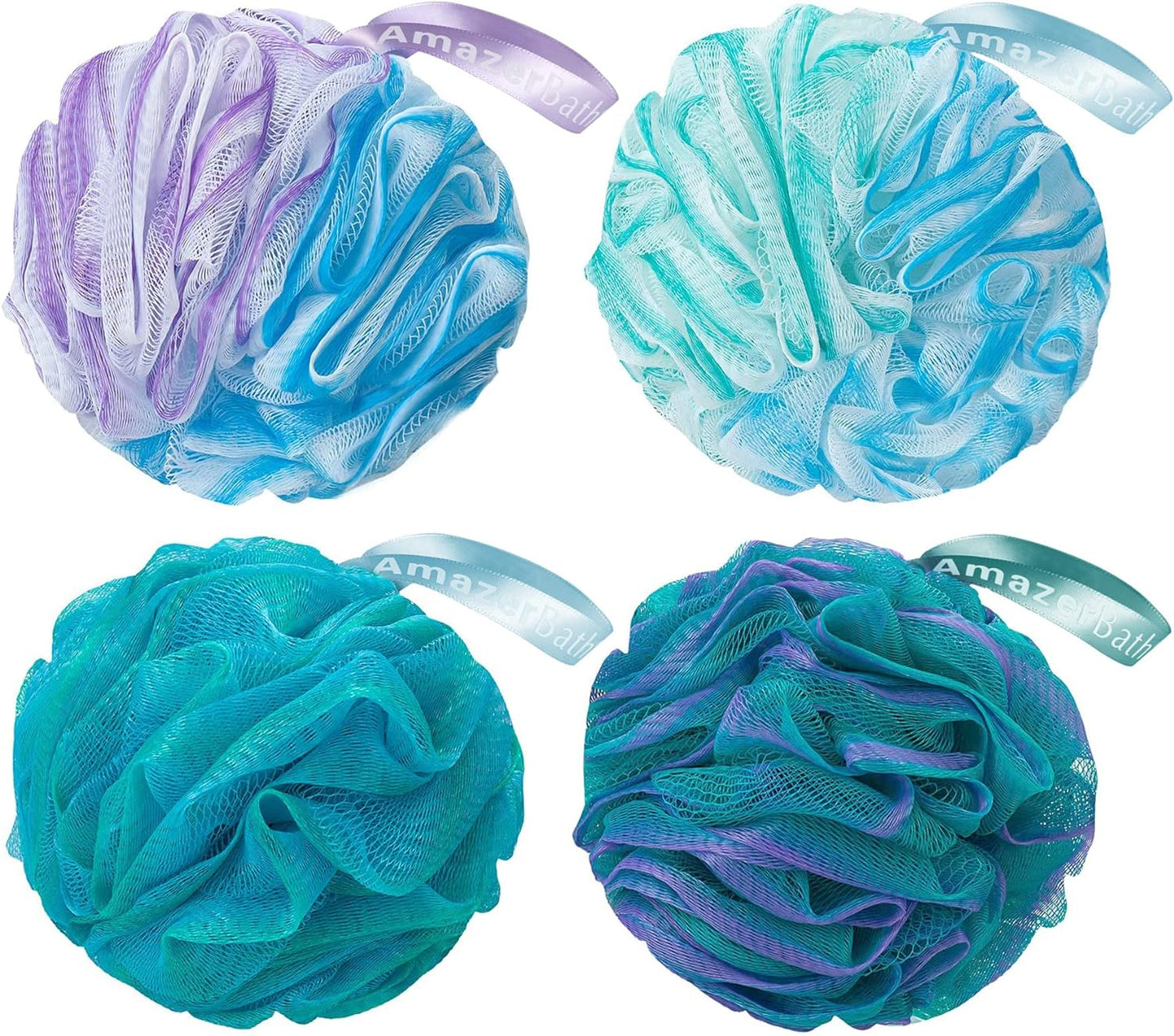 AmazerBath Loofah Sponge 75g/Piece, Exfoliating Bath Sponge Body Scrubber - Loofa Set of 4 Flower Color (Large, Green-Purple)