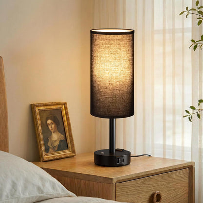 Touch Bedside Table Lamp with Memory - Stepless Dimmable Lamp for Bedroom, Small Nightstand Lamp with Dual USB Charging Ports and AC Outlet, Wood Night Light, Desk Lamp for Nursery, Living Room, Dorm