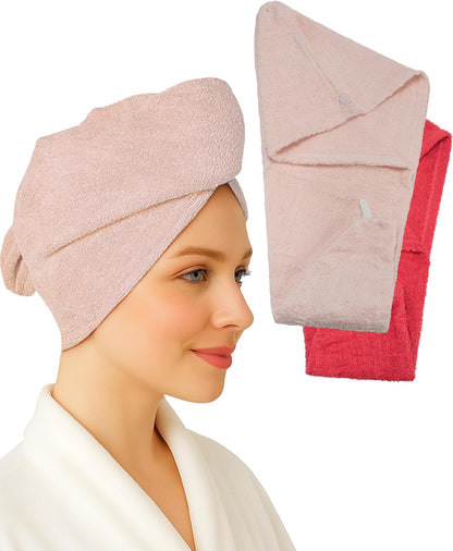 Textila 100% Cotton Hair Wrap Towels for Women (Pack of 2, Raspberry & Green) – Soft & Absorbent Turban Towels for Long, Curly, Frizz-Prone Hair