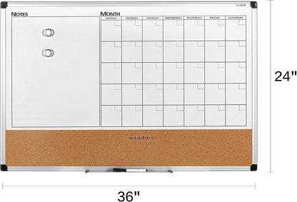 VUSIGN Monthly Calendar Whiteboard Dry Erase Cork Board Combo, 18" x 24" Planning Board, Silver Aluminium Frame
