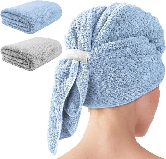 my novel things 2 Pack Extra Large Microfiber Hair Towel Wrap for Women, 37.4" x 26.4" Super Absorbent & Quick Dry with Elastic Strap for Curly Hair (Blue)