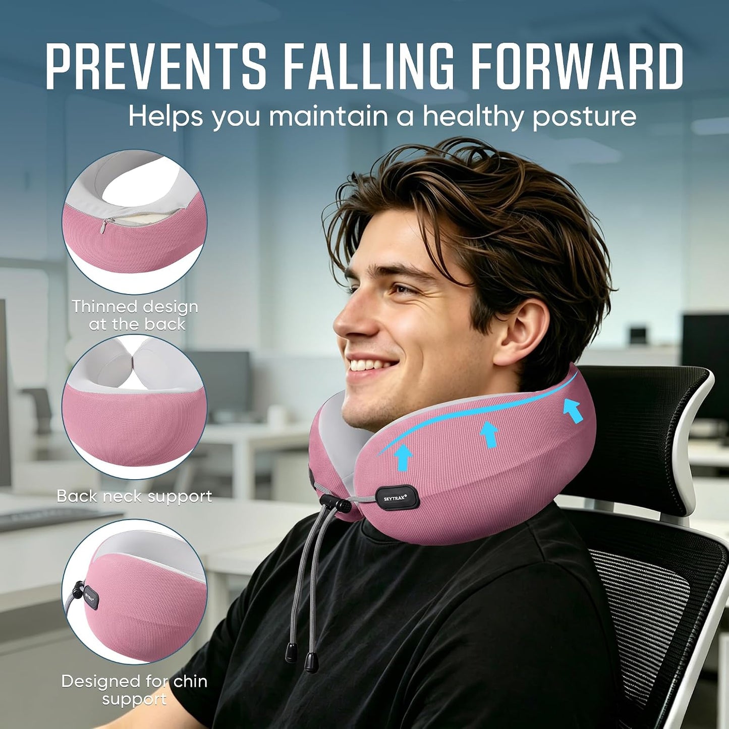 SKYTRAX COMF® Premium Ergonomic Memory Foam Travel Neck Pillow, Washable Cooling Ice Silk Cover, Firm Neck Support for Airplane Long Flights & Pain Relief, with Portable Carry Case (Grey)