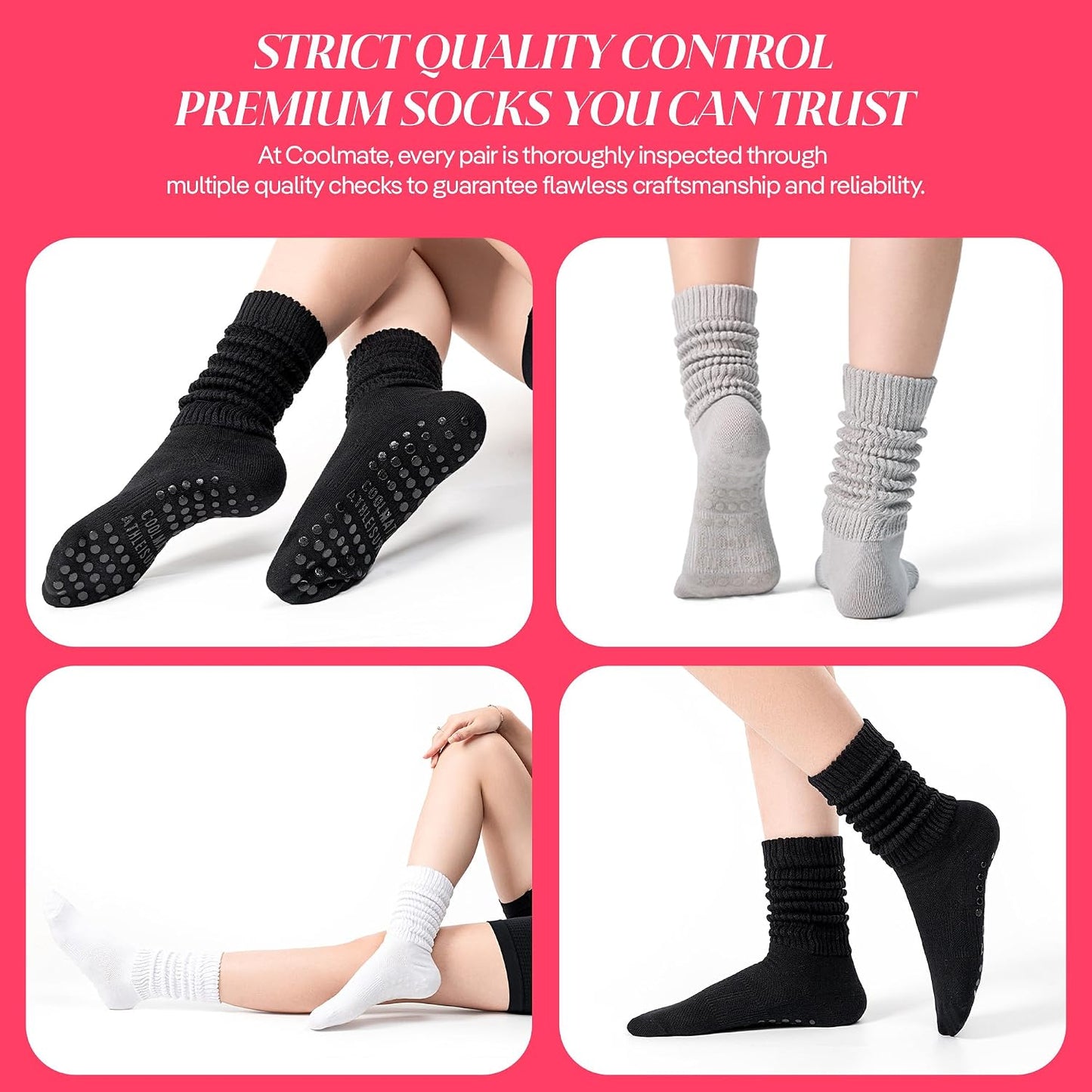COOLMATE Pilates Socks with Grips for Women, Yoga Socks, Crew Non Slip Women for Barre, Pilates Gifts for Women - Colors B
