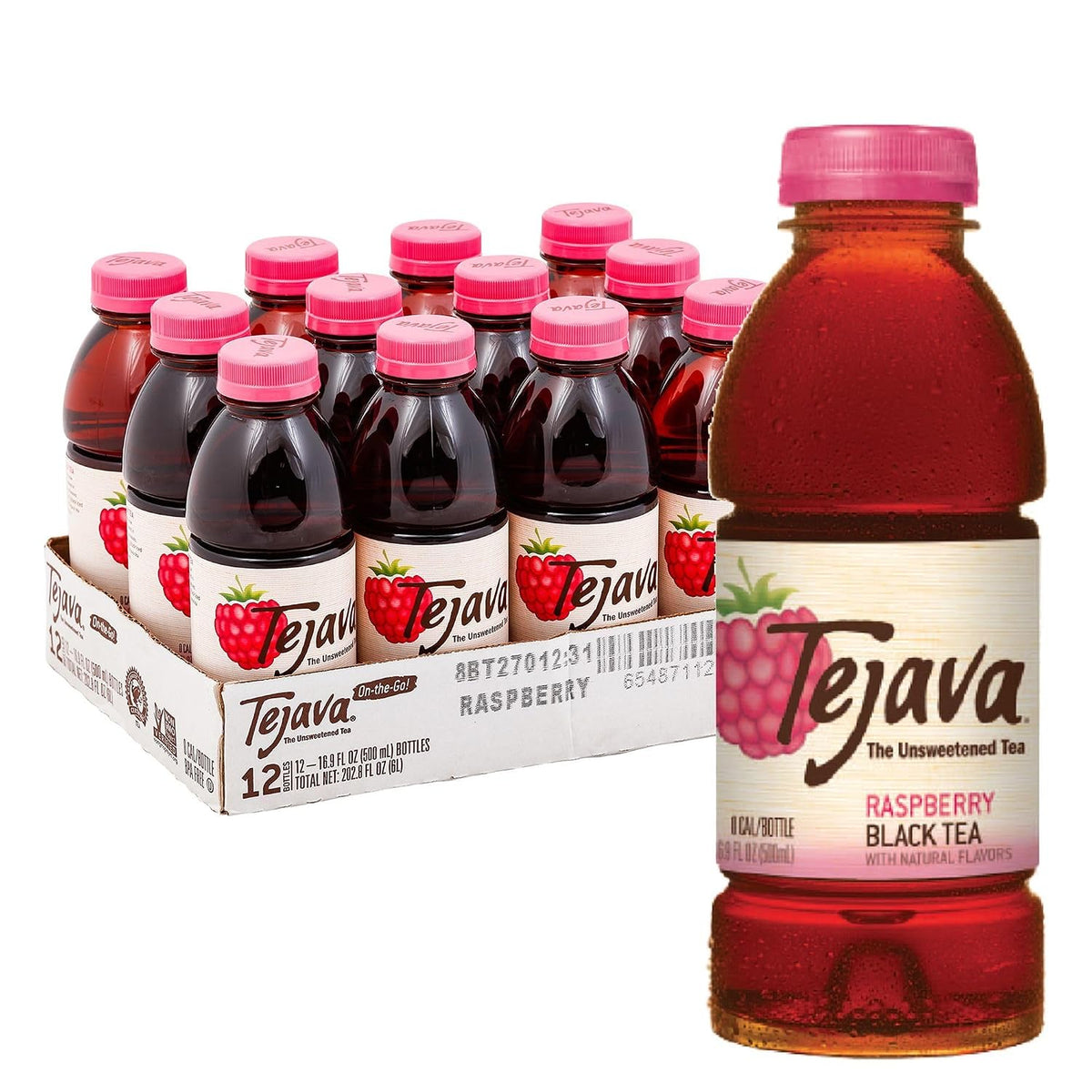 Tejava Unsweetened Raspberry Black Iced Tea, 16.9oz PET Bottles, Award Winning, Non-GMO-Verified, from Rainforest Alliance-Certified farms (12 Pack)