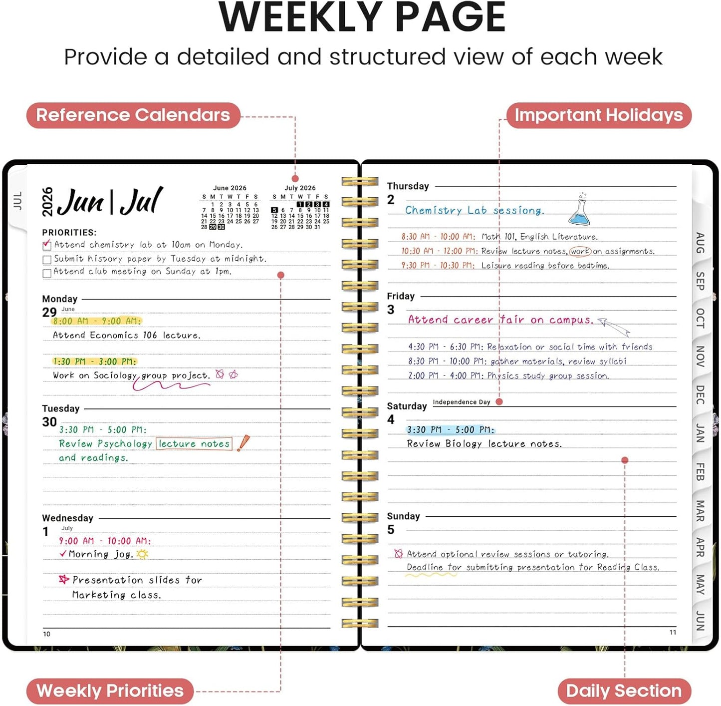 Planner 2026-2027, Academic Monthly and Weekly Calendar Planner for Women, July 2026 - June 2027, Hardcover Pretty Agenda Planner Book with Tabs, Spiral Daily Organizer for School Office Home Supplies, 6.3" x 8.5" - Blue Floral